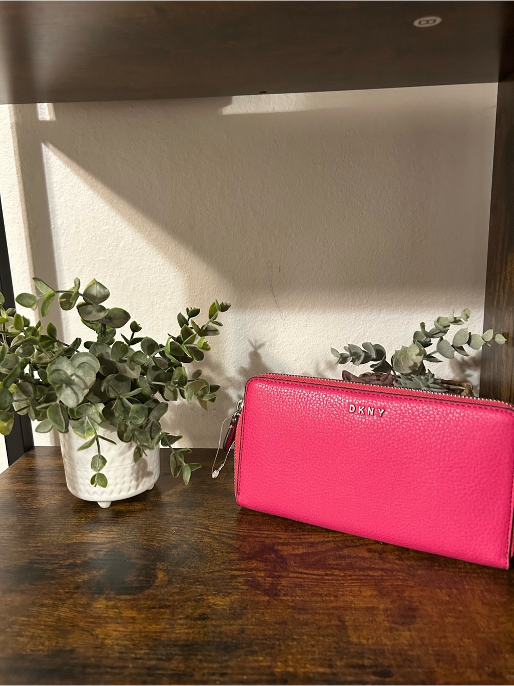 DKNY Pink Pebbled Leather Zip Wallet